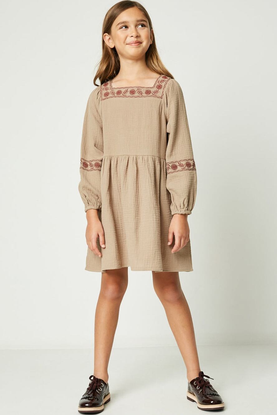 HAYDEN Taffy Khaki Woven Midi Dress Featuring Red Embroidery Large